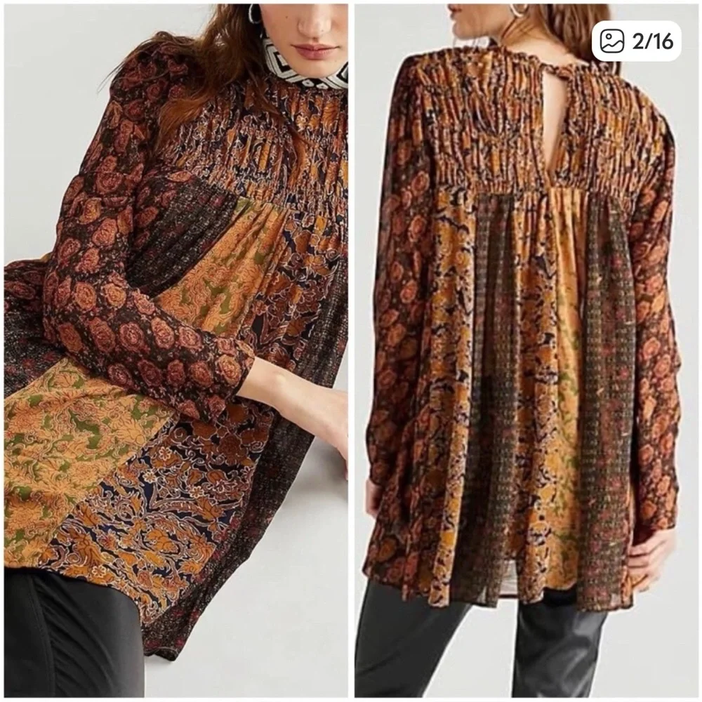 Free People Merrie Mixed Print Tunic Top Long Sleeve Smocked Boho Small